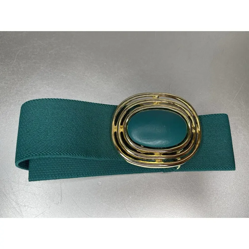 Vintage Day Lor Green Teal Gold Metallic Buckle Signed Stretch Belt 80s